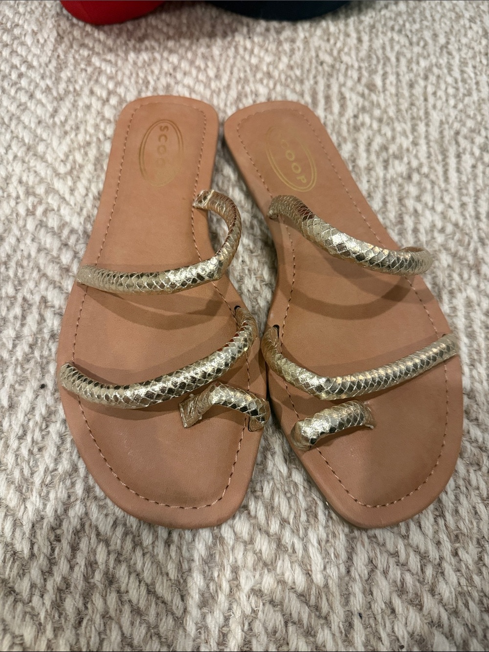 Metallic Gold Snake-Embossed Toe-Ring Slide Sandals for Women
